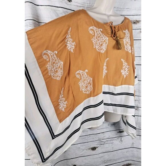 Anthropologie Floreat Sunglow Poncho Top M Embroidered Mustard Viscose Tassels - Picture 5 of 8